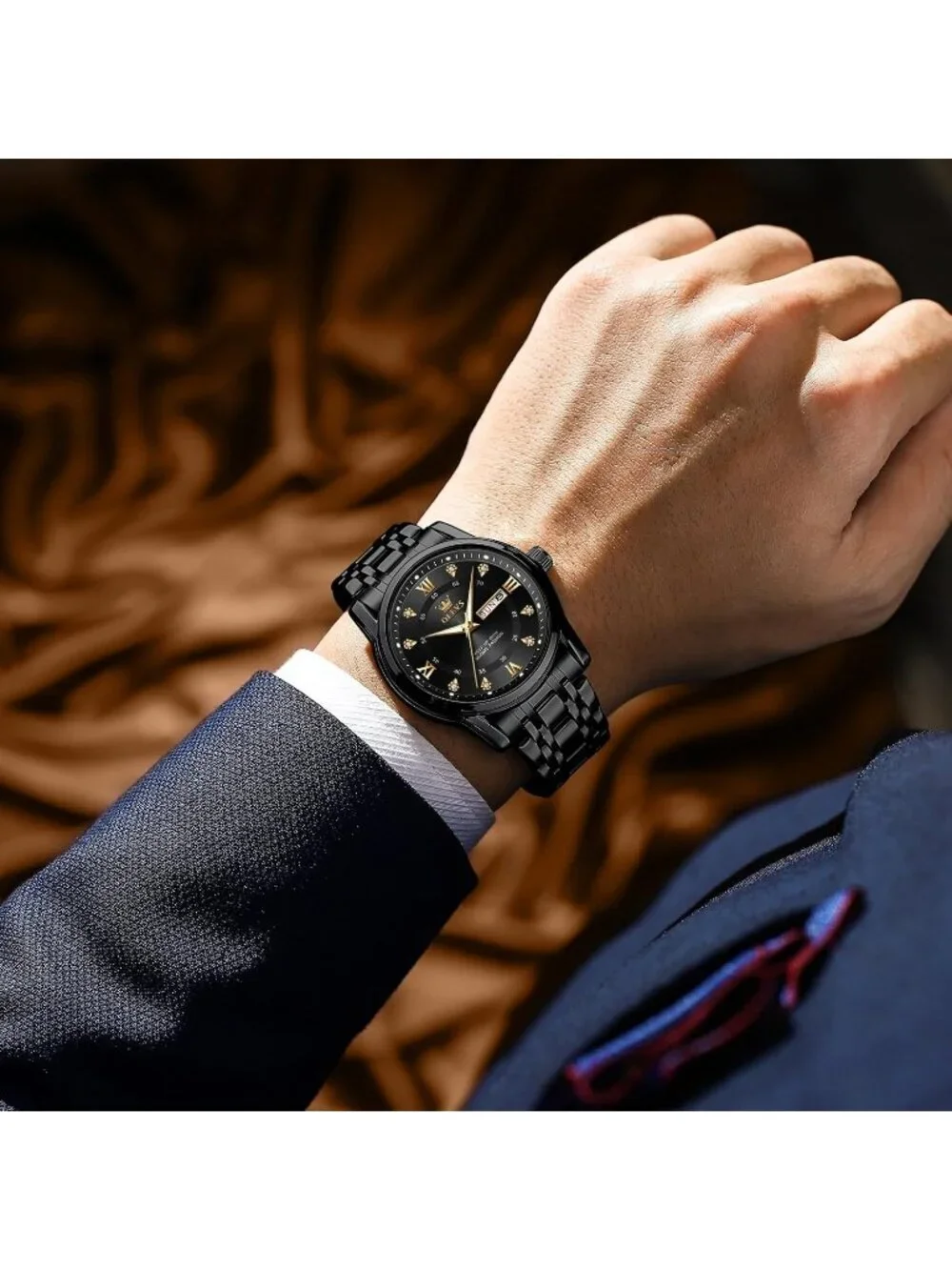 Olevs Men's Black Diamond Wrist Quartz Stainless Steel Luminous Luxury Watch